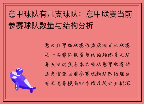 意甲球队有几支球队：意甲联赛当前参赛球队数量与结构分析